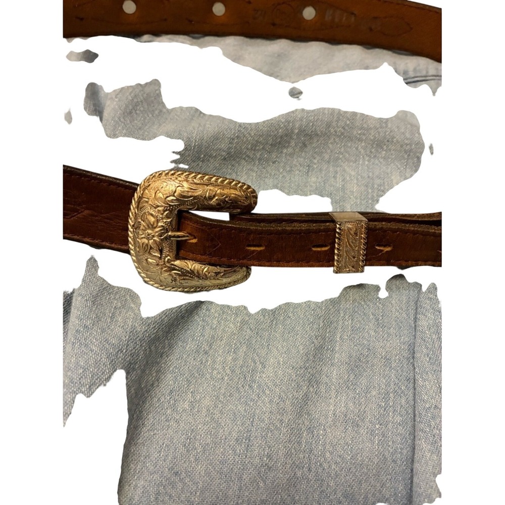Vintage Western Genuine Leather Belt with Silver Details + Buckle. Fits 27-29